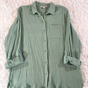 Anne Klein Gauze Button Down Shirt Large Sage